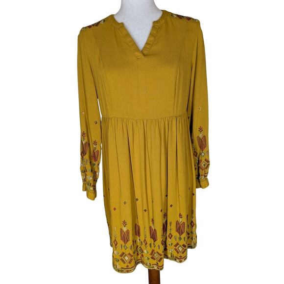 Womens S Boho Long Sleeve Dress Embroidered V Neck Gold Mustard Yellow Hippie - Picture 2 of 14